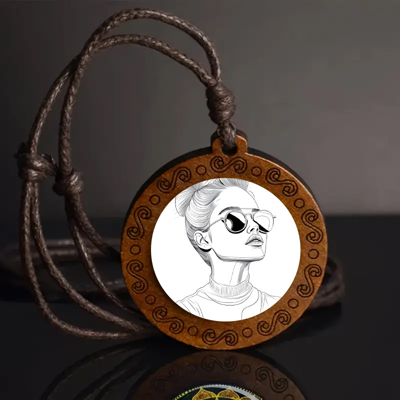 Vintage Adjustable Bohemian Pendant Necklace with Hand Drawn Woman Art